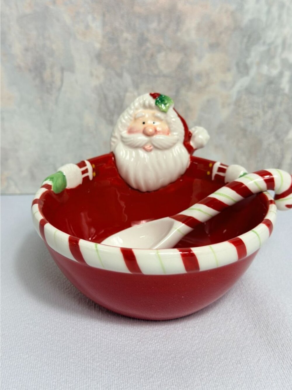 Fitz & Floyd "Candy Cane Santa" Ceramic Dip Bowl with Scoop